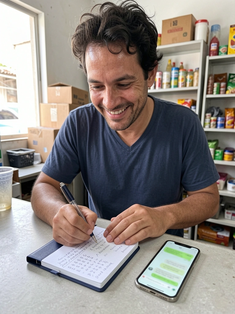 Homem escrevendo em caderno ao lado de um celular sobre balcão de loja.
