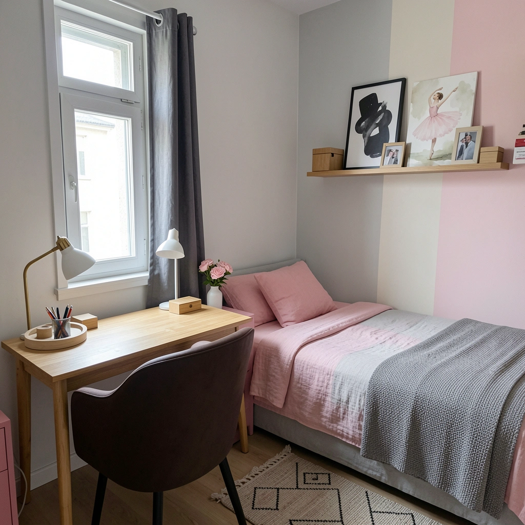 Quarto pequeno com cama encostada na parede, escrivaninha compacta ao lado e espaço livre para circulação.