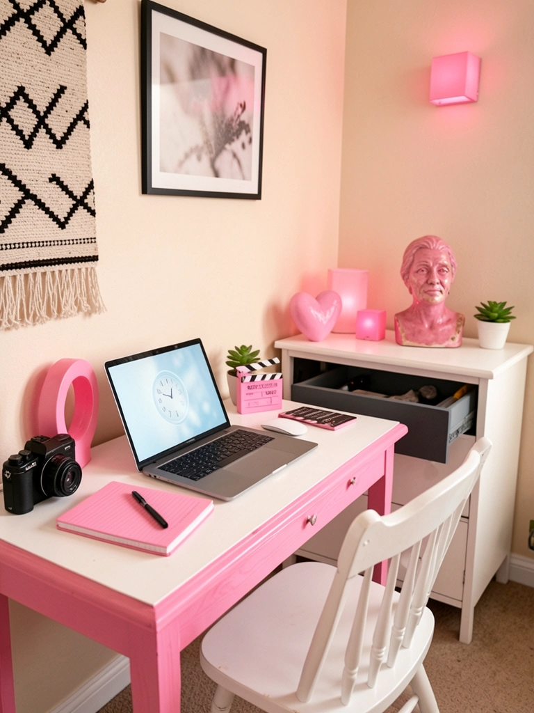 Cadeira de estudo de madeira afastada da mesa em quarto pequeno com parede branca.