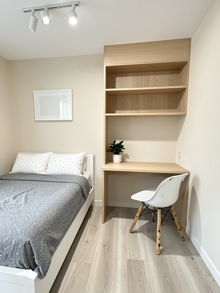 Planta de quarto com cama encostada na parede, mesa pequena ao lado e área de circulação livre