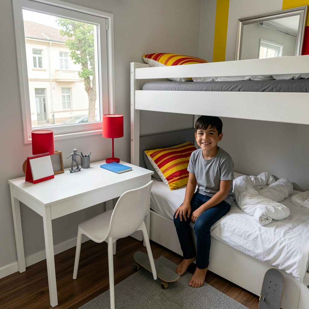Mesa de estudo de madeira encostada sob a janela em quarto pequeno com paredes claras