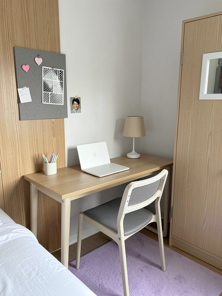 Mesa de madeira estreita ao lado da cama, com espaço livre para uma cadeira.