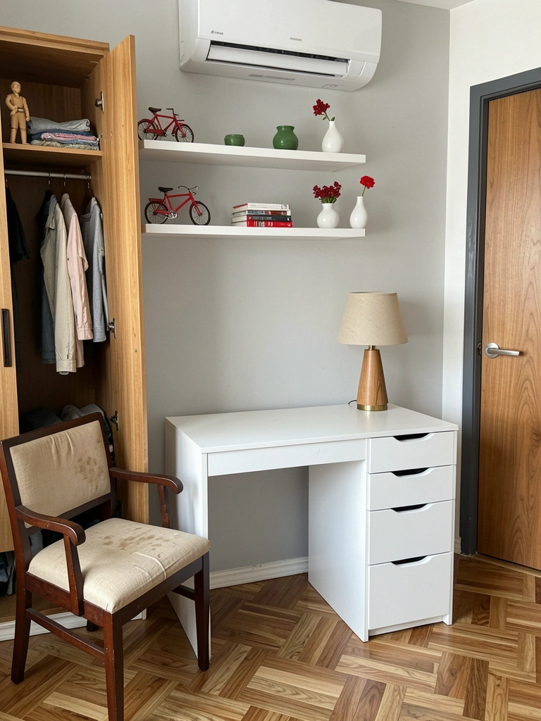 Mesa pequena de madeira ao lado de guarda-roupa com portas abertas, iluminada por luz natural.