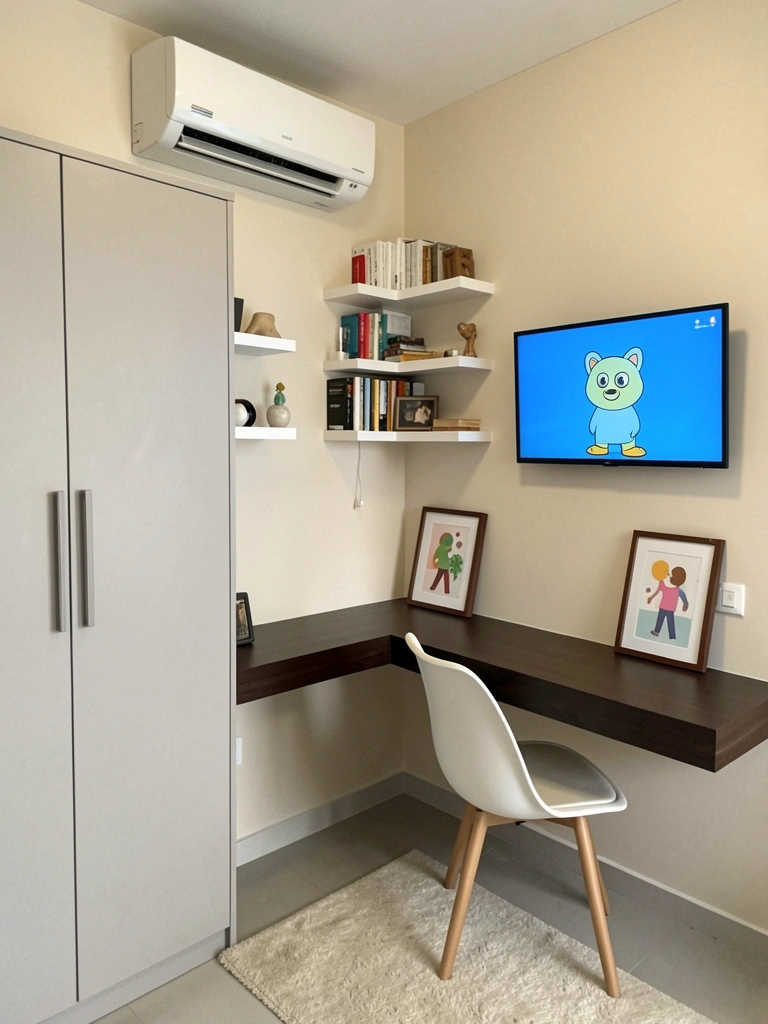 Prateleira de madeira suspensa no canto do quarto, com livros e objetos, acima de uma mesa compacta.