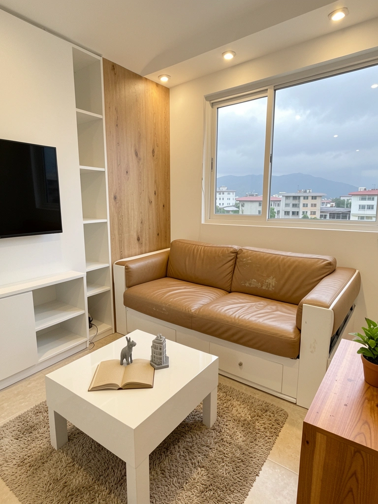 Sofá-cama aberto em sala pequena, com marcenaria planejada ao redor e iluminação embutida.