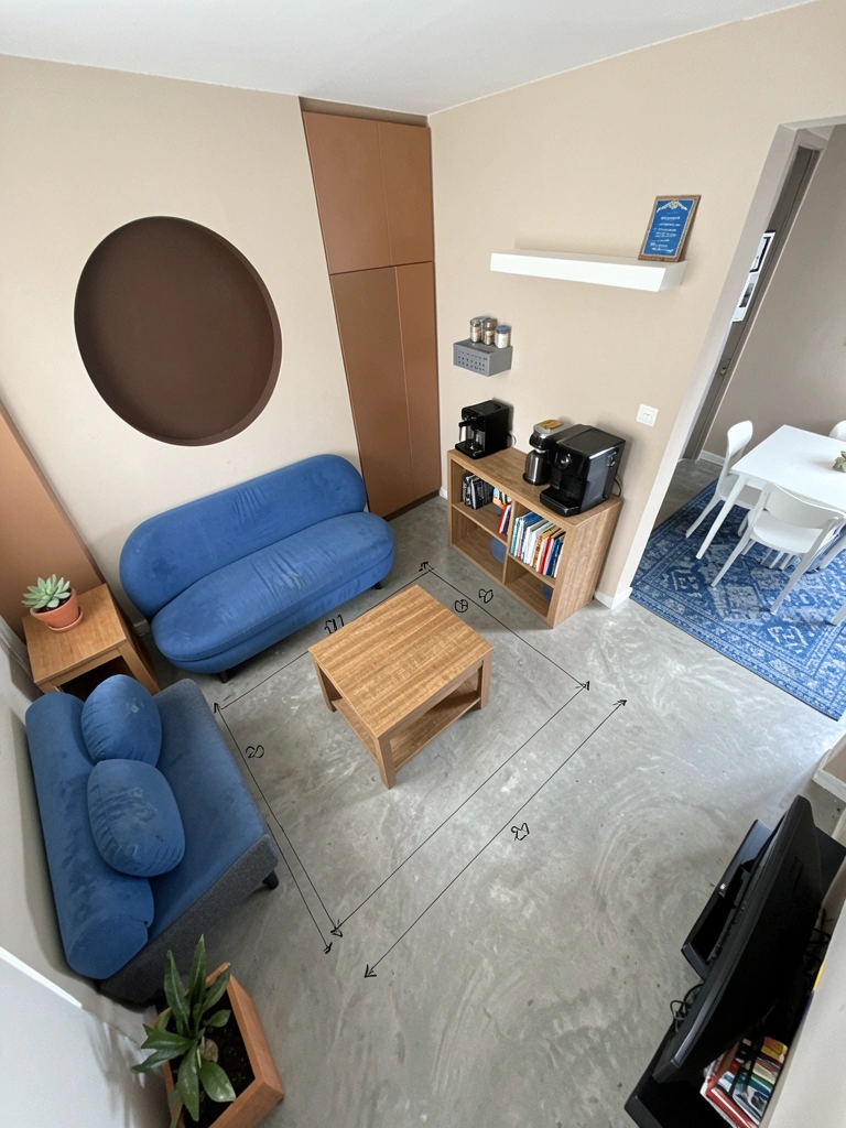 Planta baixa de sala pequena com sofá e cotas de circulação entre móveis