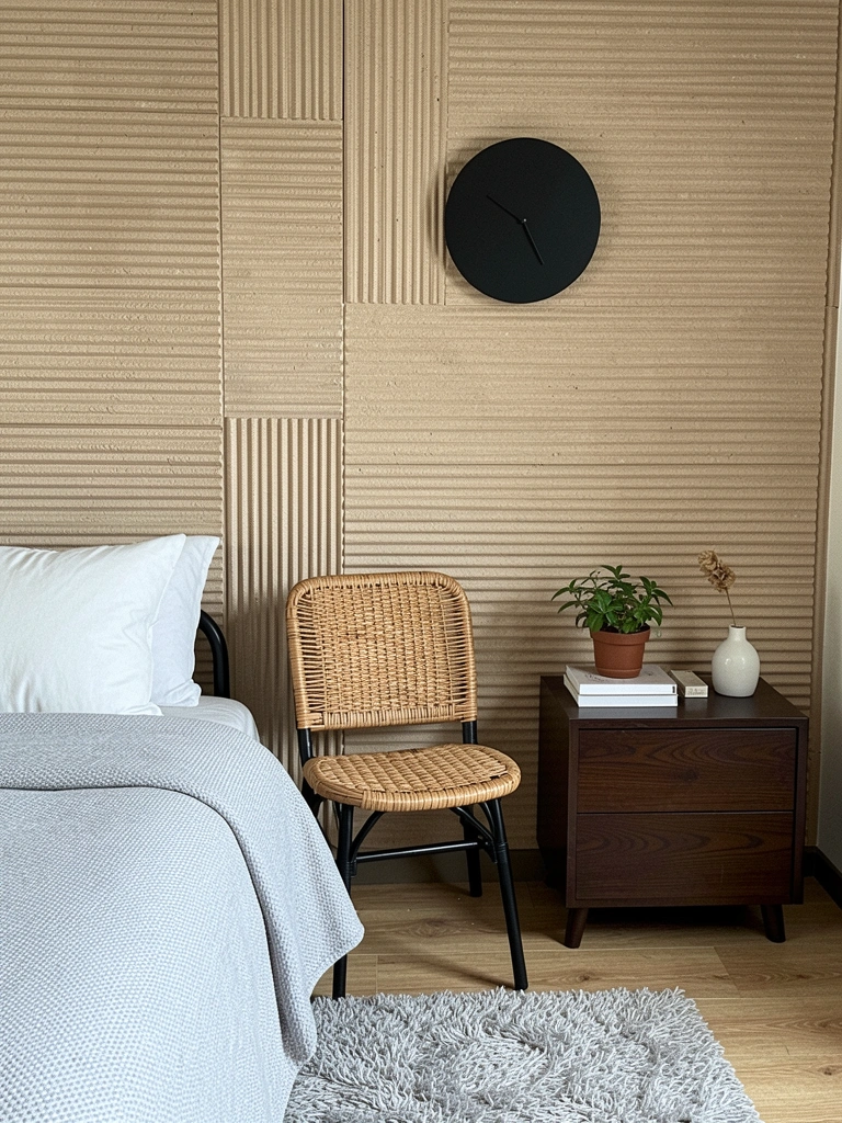 Detalhe de parede com revestimento em fibra natural trançada e luz suave lateral.