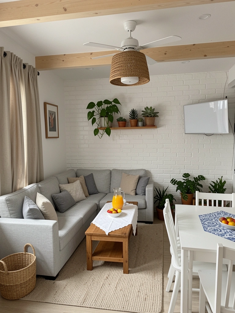 Sala pequena com sofá encostado na parede, estante vertical e mesa lateral compacta